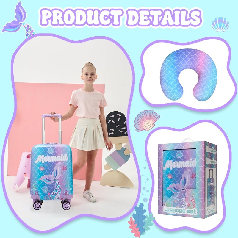 Homskiii طقم حقائب أطفال حورية البحر اللطيفة 2 قطعة حقيبة سفر للأطفال بعجلات دوارة 16" حقائب أطفال للفتيات مع عجلات حقائب صلبة معتمدة من شركات الطيران - Image 4